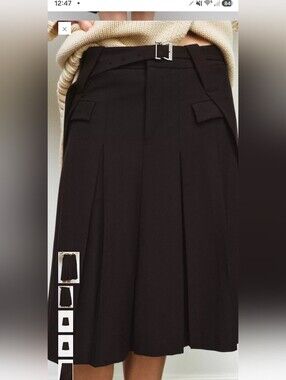 Zara Black Pleated Midi Skirt with Belt